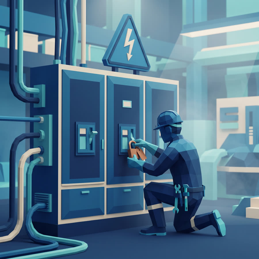 Ilustração low-poly do curso de NR-10 — Instalações e Serviços em Eletricidade