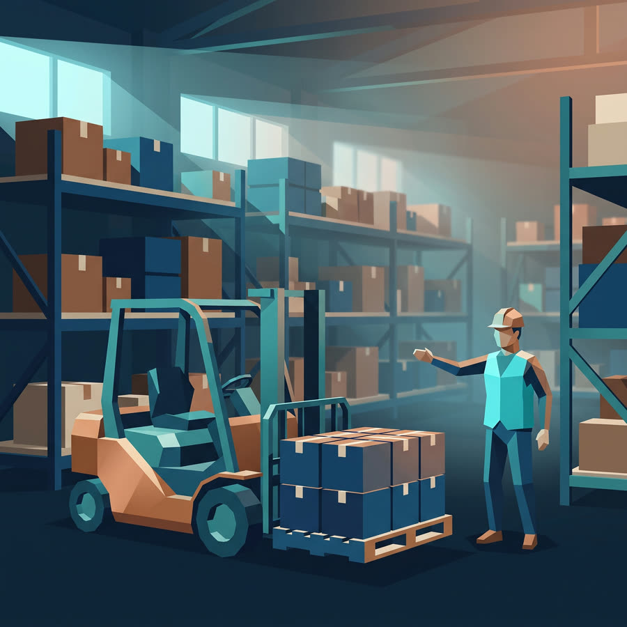 Ilustração low-poly do curso de NR-11 — Movimentação e Manuseio de Materiais