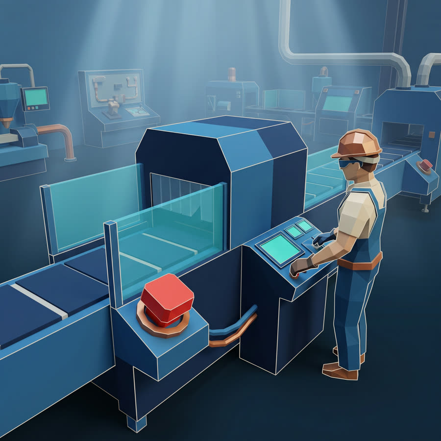 Ilustração low-poly do curso de NR-12 — Máquinas e Equipamentos