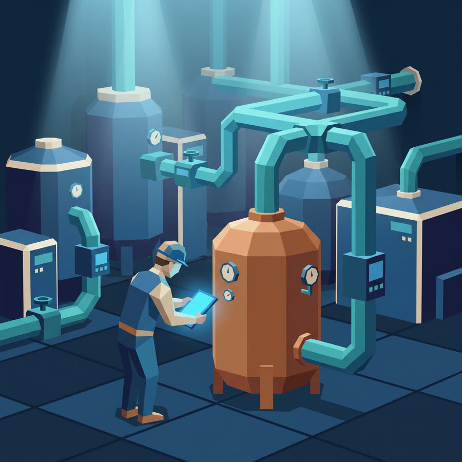 Ilustração low-poly do curso de NR-13 — Caldeiras e Vasos de Pressão