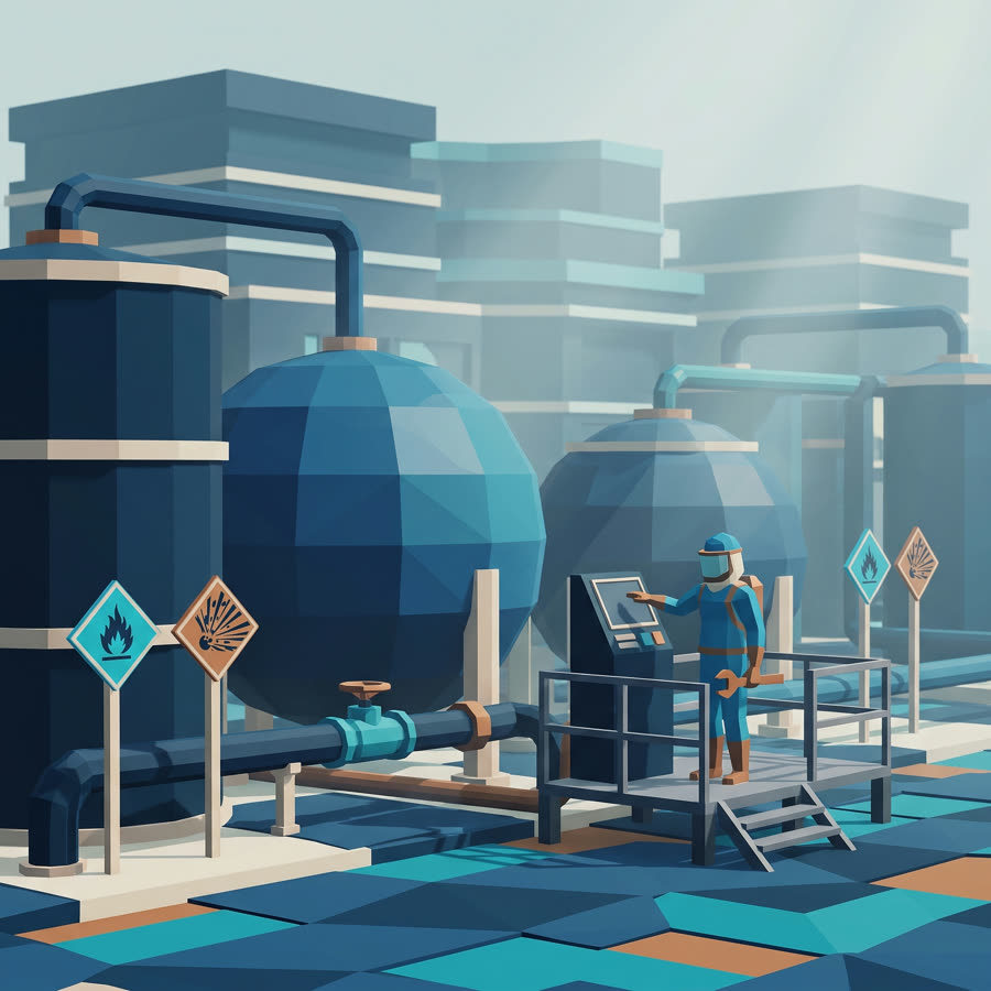 Ilustração low-poly do curso de NR-20 — Trabalho com Inflamáveis e Combustíveis