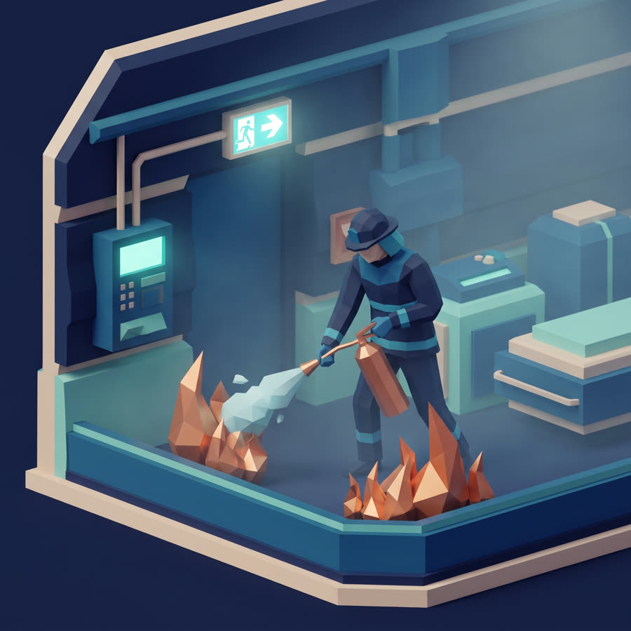 Ilustração low-poly do curso de NR-23 — Proteção Contra Incêndios