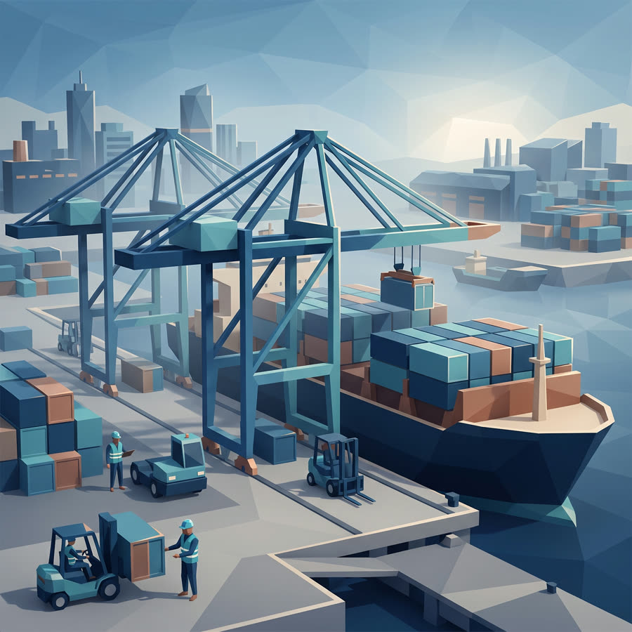 Ilustração low-poly do curso de NR-29 — Segurança no Trabalho Portuário