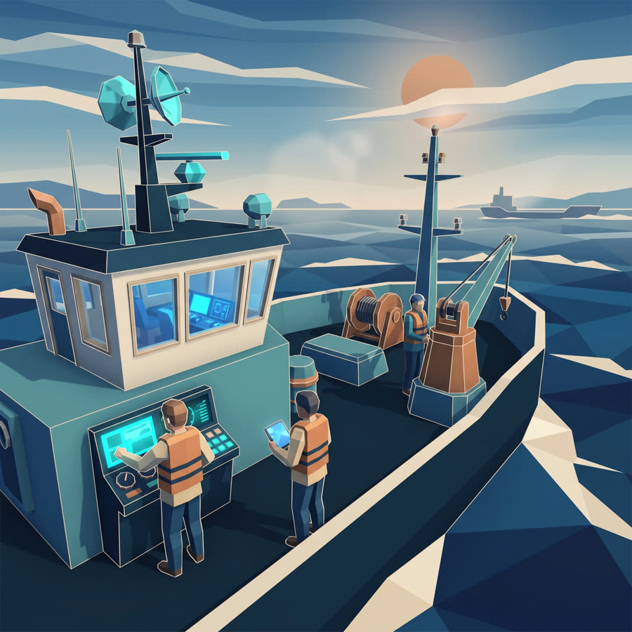 Ilustração low-poly do curso de NR-30 — Trabalho Aquaviário