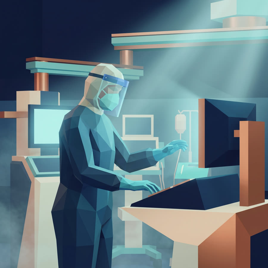 Ilustração low-poly do curso de NR-32 — Segurança e Saúde em Serviços de Saúde