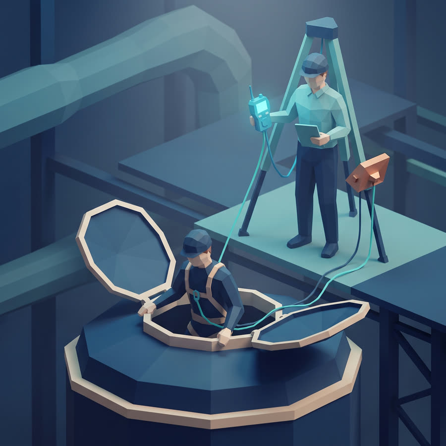 Ilustração low-poly do curso de NR-33 — Trabalho em Espaços Confinados