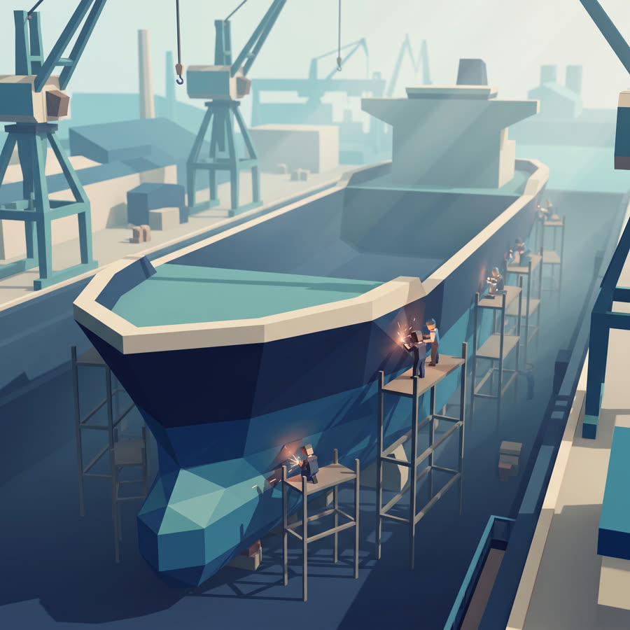 Ilustração low-poly do curso de NR-34 — Construção, Reparação e Desmonte Naval